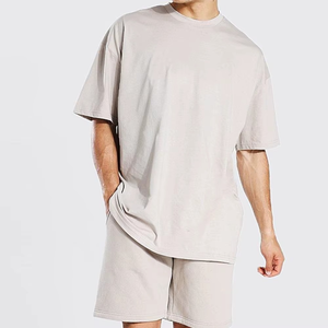 Conjunto de Camiseta de Cuello Redondo de Color Sólido para Hombre, Transpirable, Tejido de Punto, 100% Algodón, Informal, de Manga Corta para Otoño, con Pantalones Cortos a Juego - Product Image 1