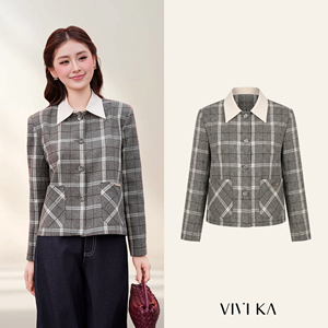 เสื้อแจ็คเก็ตลายสก๊อตสีเทาหรูหราสำหรับผู้หญิง ปกเสื้อแบบถอดได้ แขนยาว ใส่ซ้อนกันได้ เสื้อคลุมสำหรับฤดูใบไม้ร่วงและฤดูหนาว SELENE - Product Image 1