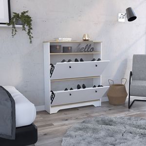 Scarpiera di Dublino con un ripiano aperto e due armadi allungabili in rovere chiaro/finitura bianca - Product Image 1