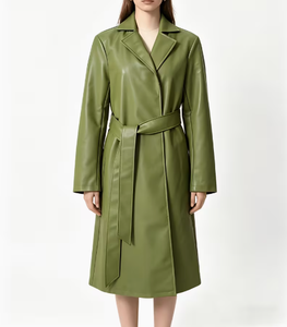 Gabardina de Mujer de Piel Sintética, Larga, de Color Sólido, con Cuello de Solapa, Manga Larga, con Cinturón, Estilo Minimalista para Otoño - Product Image 3