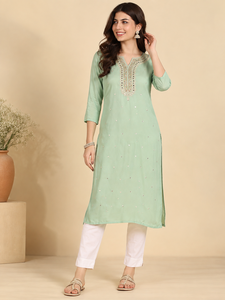 Kurta en coton brodé vert menthe avec pantalon palazzo blanc, tenue décontractée pour tous les jours, coupe ample, manches trois quarts, robe midi - Product Image 1