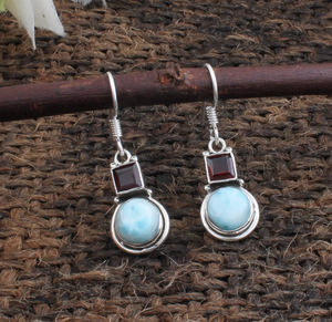 Natural Larimar and Red Garnet <b>Earrings</b> 925 <b>Sterling</b> <b>Silver</b> Larimar <b>Drop</b> <b>Earrings</b> Wholesale Jewelry Manufacturer - Product Image 5
