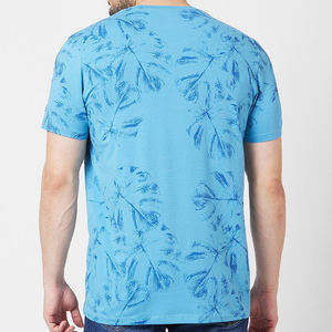 Men's Blue O-Neck Short Sleeve T-Shirt With <b>Leaf</b> Pattern Casual Jersey Knitted 100% Cotton Regular Fit - Product Image 4