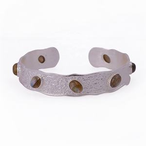 Natural Gemstone Oval Cabochon Geometric Bezel Set Open Cuff Brass Silver/<b>Gold</b> <b>Plated</b> Handmade Textured Stone Adjustable <b>Bangle</b> - Product Image 3