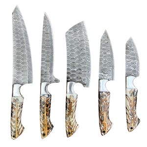 Ensemble de couteaux de cuisine en acier Damas de qualité supérieure, faits à la main, 5 pièces, avec manches en pin blanc, couteaux de chef, de boucher et de filetage tranchants - Product Image 4