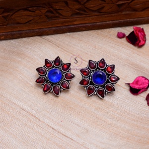 Rajasthani Handmade Silver Plated Red & <b>Blue</b> Stone <b>Studs</b> <b>Earring</b> For Women Statement Fashion Jewellery Gift For Wedding Party's - Product Image 3