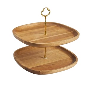 Vintage Restaurant Party 2 Tier Acacia Wooden Cake Serving Tray Stand Gold Handle Dessert Display Platter For Wedding Parties - Product Image 1