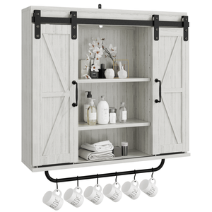 Armadio di stoccaggio a 3 livelli in legno grigio rustico Vintage con due porte da fienile scorrevoli per cucina soggiorno fattoria decorativo - Product Image 4