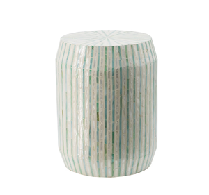 Luxury Mother of Pearl Mosaic Side <b>Table</b> <b>Stool</b> Handcrafted Cylindrical Accent <b>Table</b> with Coastal Blue Shell Inlay - Product Image 1