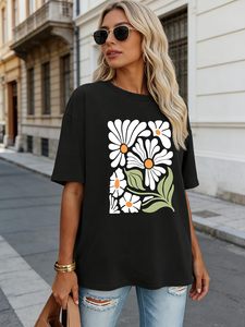 T-shirt imprimé graphique 100 % coton pour femme, col rond, coupe ample et confortable, manches courtes, idéal pour l'été - Product Image 6