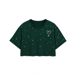 Women's Green Rhinestone <b>Crop</b> <b>Top</b> Short Sleeve Crew Neck <b>Sequined</b> Dot Pattern Casual Loose Fit Spring Summer women's shirt - Product Image 3