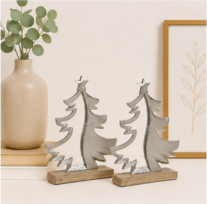 Handmade Metal Christmas <b>Tree</b> Sculpture With Natural Wooden Base Elegant Silver Aluminum <b>Tabletop</b> Decoration For Home Decor - Product Image 2