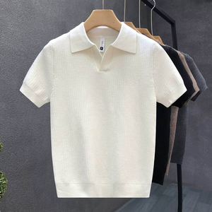 เสื้อเชิ้ตแขนสั้นผู้ชายสำหรับฤดูร้อน ผ้าถักขนสัตว์/แคชเมียร์ ดีไซน์ขอบเสื้อแบบพู่  รักษ์โลก สไตล์ลำลอง พิมพ์ลายด้านหน้า คอเสื้อแบบกรรไกร ป้องกันการยับ - Product Image 2