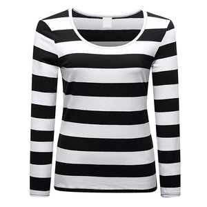 T-shirt en tricot à manches longues pour femme, rayé noir et blanc, col rond, coupe décontractée, à porter toute l'année, t-shirts à manches longues - Product Image 1