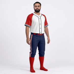 Ensemble de vêtements de baseball pour hommes, maillot rouge, blanc et bleu marine, pantalon, manches courtes, fermeture à boutons, évacuation de l'humidité, toutes saisons - Product Image 4