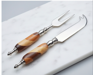Ensemble de couteau et fourchette à fromage, 2 pièces, lame en acier inoxydable, manche en bois, outils à fromage, plateau de service, ustensiles de cuisine - Product Image 3