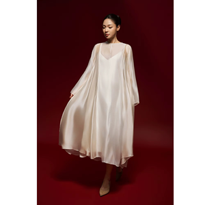 Summer OEM Service Buttons Side Slit Breathable Casual Loose Waist Minimalist Regular Sleeve Silk Crew Neck Voile Midi Dresses - Product Image 6