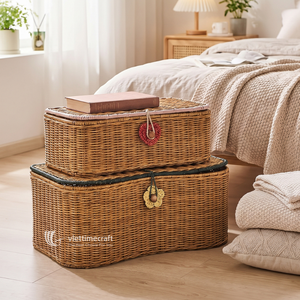 Woven Rattan Laundry & <b>Storage</b> <b>Basket</b> with Lid, Artisan Wicker Home Organizer Bin, Sustainable Natural Fiber Decorative Box - Product Image 4