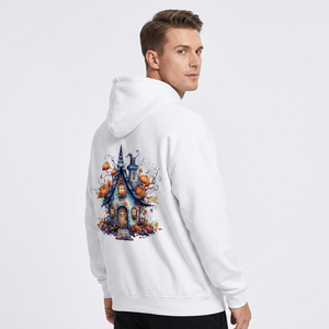 Sweat à capuche blanc pour homme, imprimé château d'Halloween, en coton, décontracté, coupe classique, logo sur le devant, poche, 350g, fabriqué au Bangladesh - Product Image 3