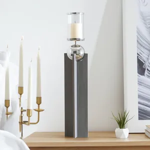 Modern Wood Candle <b>Stand</b> with Chrome Sphere and <b>Glass</b> <b>Holder</b> for Home Decoration Zahid Exports - Product Image 1