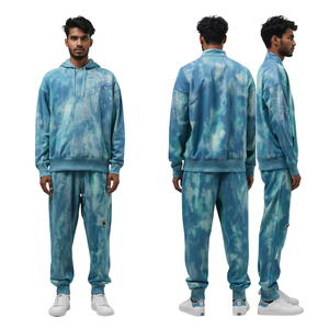 Ensemble de jogging pour homme en molleton délavé bleu sarcelle, effet usé et taches de blanchiment, style streetwear - Product Image 2