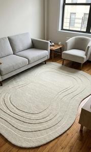 Modern <b>Abstract</b> Wavy Oval Wool Anti-Slip Area Rug Soft Tufted Cream Beige Ripple Line Shaped for Living Room Bedroom - Product Image 6