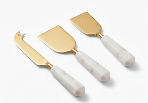 Ensemble d'outils de découpe de fromage modernes en or, en acier inoxydable avec manche en marbre blanc, élégant couverts et accessoires de mariage et de cuisine - Product Image 3