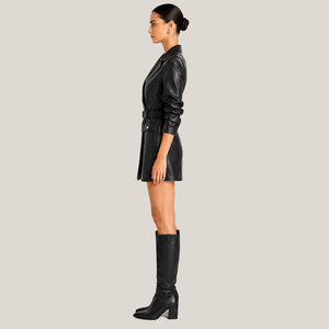 Robe Blazer en Similicuir Noir pour Femme maktra 2026 Vente en Gros |   Robe courte ceinturée avec poches |   Fabricant de robes en cuir PU - Product Image 3