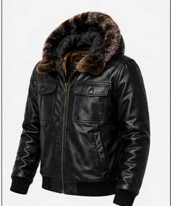 Blouson en cuir pour homme avec col en fausse fourrure et fermeture éclair - Product Image 5