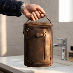 Custom Vintage Brown Genuine Leather Toiletry Bag <b>Travel</b> Dopp <b>Kit</b> Men Waterproof Shaving Wash Cosmetic Bag LYG-0165 - Product Image 3