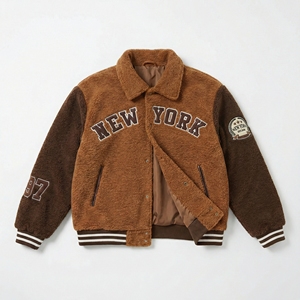 Wholesale Two Tone <b>Sherpa</b> Varsity <b>Jacket</b> | Brown Teddy Bomber with Applique | OEM Streetwear & Collegiate Outerwear Supplier - Product Image 1