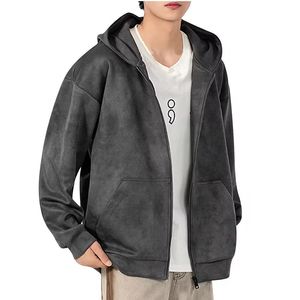 Acid Wash Zipper-Up <b>Hoodie</b> Cotton Fleece Drop Shoulder No <b>Strings</b> Breathable Winter Regular Fit Men's - Product Image 4