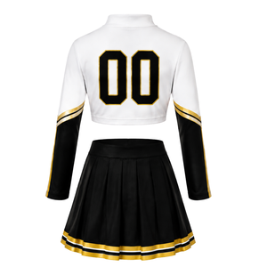 Ensemble uniforme de cheerleading noir et or sublimé à manches longues avec jupe plissée, tenue de sport athlétique pour l'entraînement et la performance, personnalisable - Product Image 3
