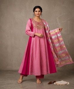Salwar Kameez de Seda Chanderi Rosa Vintage para Mujer, con Bordado Múltiple, Largo hasta la Rodilla, Estilo Étnico de India y Pakistán, para Todas las Temporadas, Informal - Product Image 1