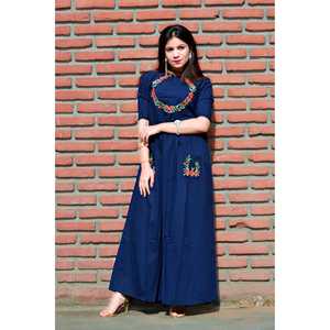 Vestido Maxi Azul Marino, Silueta Holgada con Bordado, Transpirable, Talla XS, para Ocasiones Diarias - Product Image 4