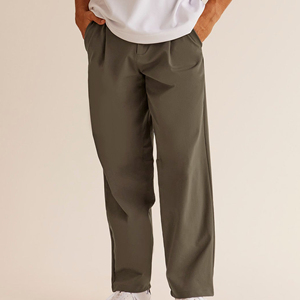 Pantalon décontracté plissé vert olive pour homme, coupe droite, en polyester respirant de poids moyen, style automne, avec braguette boutonnée - Product Image 3