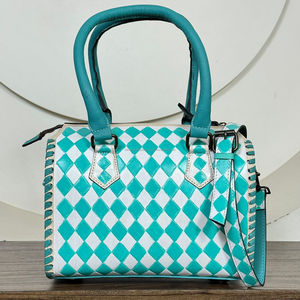 Sac à langer en cuir véritable à carreaux turquoise personnalisé 2025 avec sac de voyage tendance Ensemble assorti mignon en deux pièces - Product Image 4