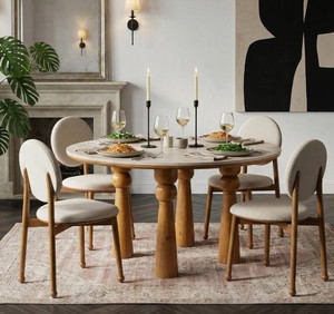 Midcentury Modern <b>Wood</b> <b>Dining</b> Room Set Round Table with Solid Back <b>Chairs</b> Durable Home Furniture for <b>Dining</b> Area - Product Image 1