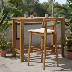 Chaise de bar haut de gamme en teck massif avec dossier en rotin et assise rembourrée, idéale pour bar à domicile, comptoir de cuisine, salle à manger, café commercial moderne - Product Image 6