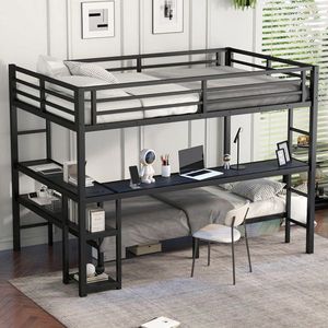 Letto a Castello Full XL Sopra Letto Singolo con LED e USB, Struttura in Metallo Stabile, Scrivania Nera e Scaffali per Posizionamento Multiplo - Product Image 2