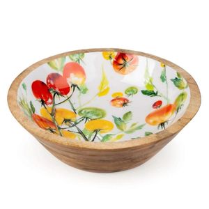 Handcrafted Mango Wood Serving Bowl with <b>Tomato</b> Print Enamel Inlay Decorative Round Salad Bowl for Kitchen Dining Table Decor - Product Image 1