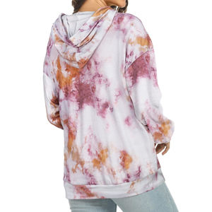 Sudadera con capucha para mujer, con estampado tie-dye, efecto lavado, oversize, manga larga, con bolsillo, de punto, para invierno, en blanco, rosa y naranja, de poliéster - Product Image 2