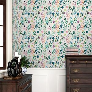 Carta da Parati Vintage con Foglie Verdi ad Acquerello, Adesiva e Rimovibile, con Erbe Botaniche Viola/Rosa, Design Retrò - Product Image 2