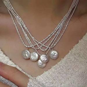 Pendentif en perle d'eau douce naturelle de Zhuji, style coréen, bouton rond plat, collier superposé tendance, accessoires - Product Image 1