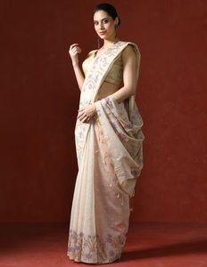 Sari traditionnel KV en coton Chanderi avec motifs floraux et chemisier réversible à séchage rapide non cousu - Product Image 2