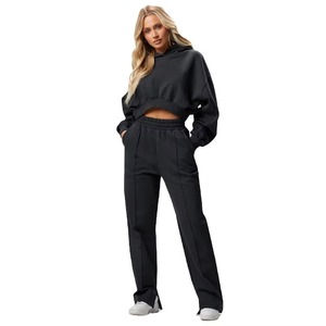 OEM Wholesale Unisex Winter Solid Fleece Breathable Cropped Tracksuit Hooded Crop <b>Top</b> <b>and</b> <b>Trouser</b> 2-Piece <b>Set</b> - Product Image 1