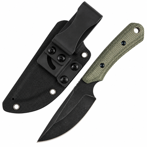 Cuchillos de hoja fija con mango texturizado verde oliva, hoja negra y funda protectora negra con clip para cinturón para uso en exteriores. - Product Image 6