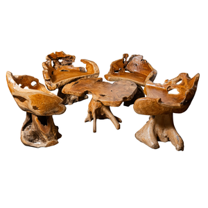 ARTERRA Luxury Handmade Solid Teak Root Coffee Table Set Sculpted Chairs Modern Rustic Natural Wood Outdoor Patio Furniture - Product Image 1