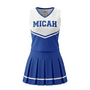 Uniformes de porristas personalizados por sublimación al por mayor, conjunto azul y blanco para equipos escolares, ropa de baile con estrellas y pedrería. - Product Image 2