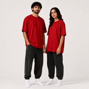 Oversized Customized <b>Red</b> Cotton O-Neck T-<b>Shirt</b> for <b>Men</b> Women Casual Streetwear Solid Color Short Sleeve Jersey Fit Unisex Style - Product Image 2
